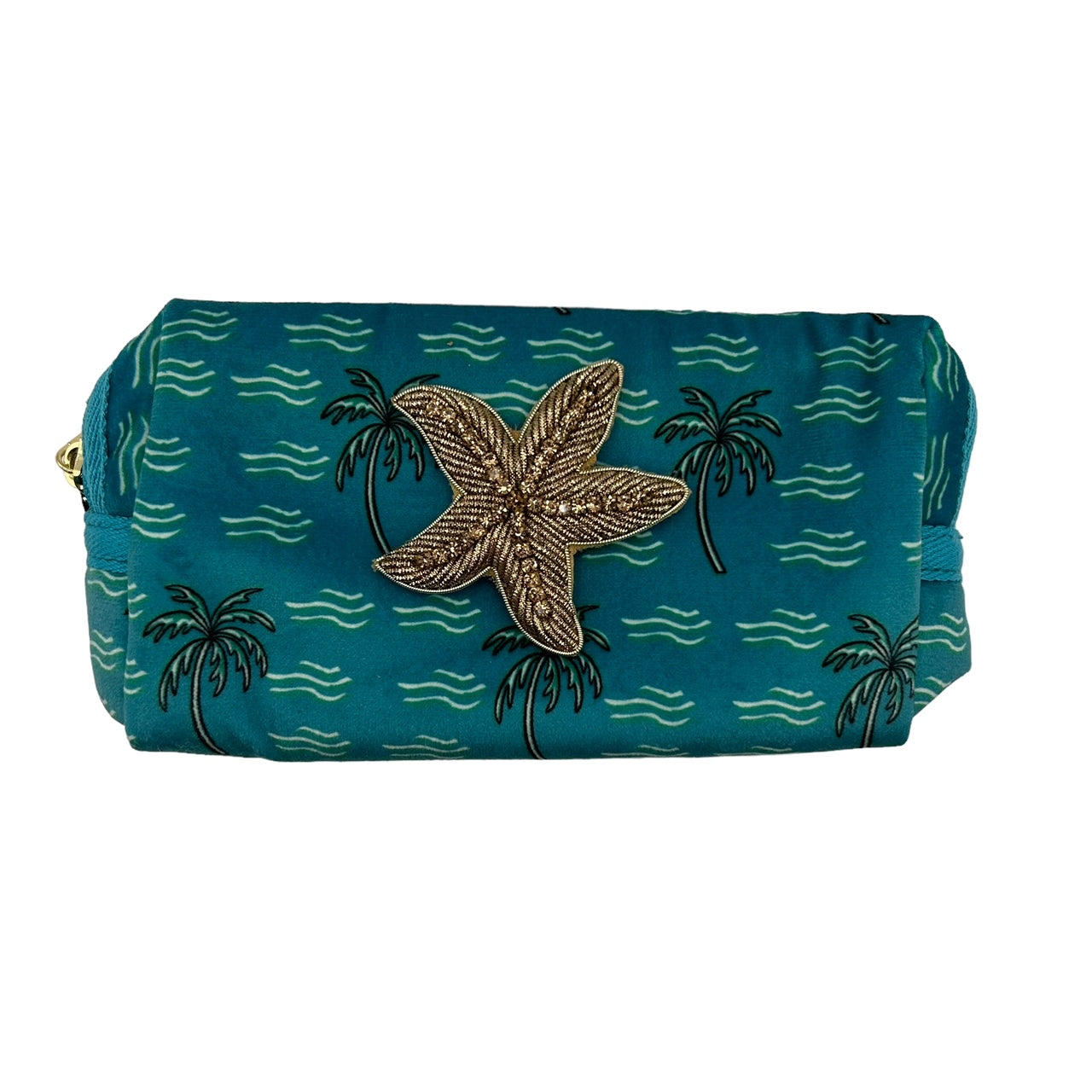 Teal palm large make-up bag & a starfish brooch - recycled velvet, large and small