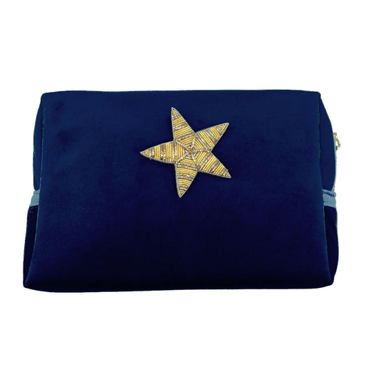 Blue make-up bag & gold star pin - recycled velvet