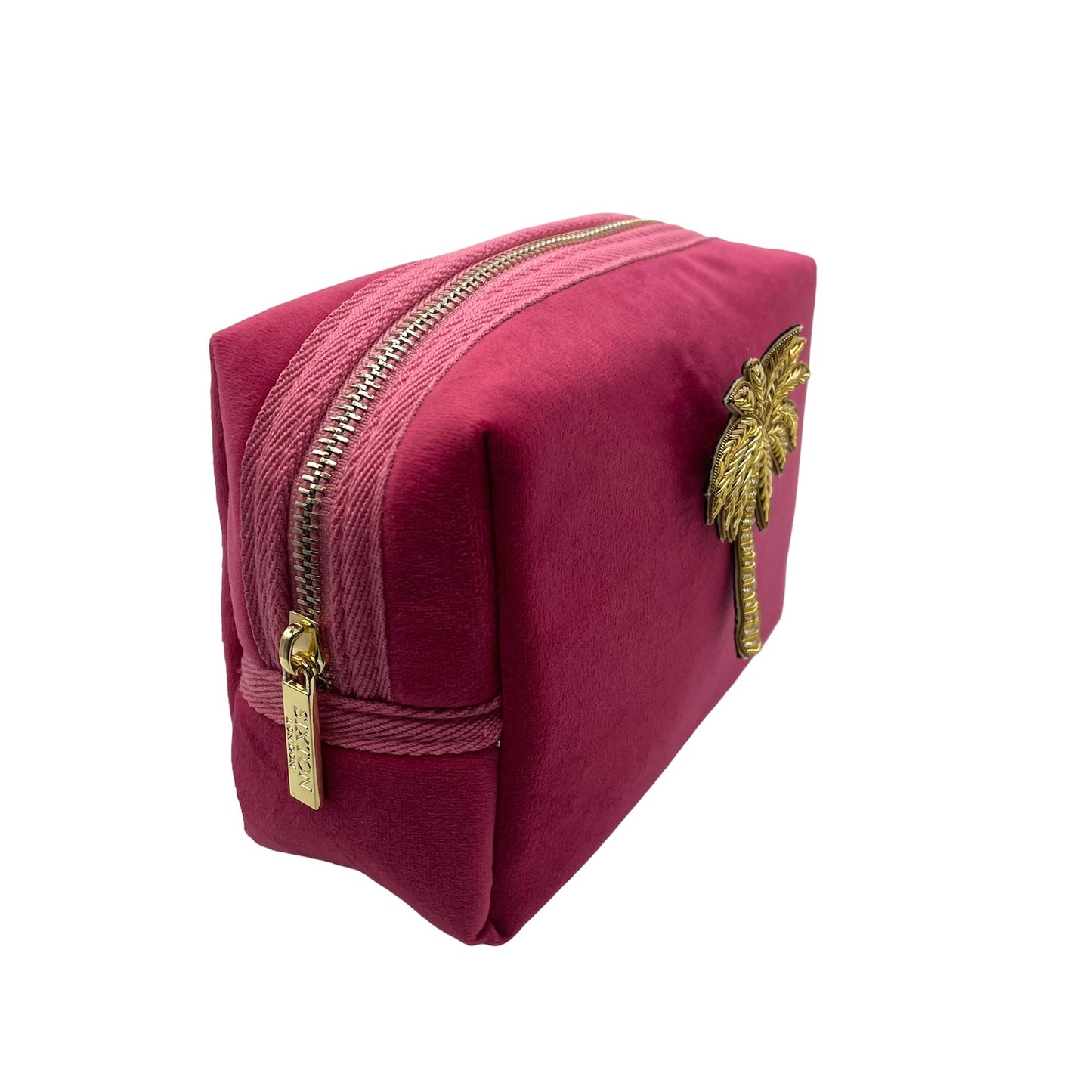 Bright pink make-up bag & palm tree pin - recycled velvet