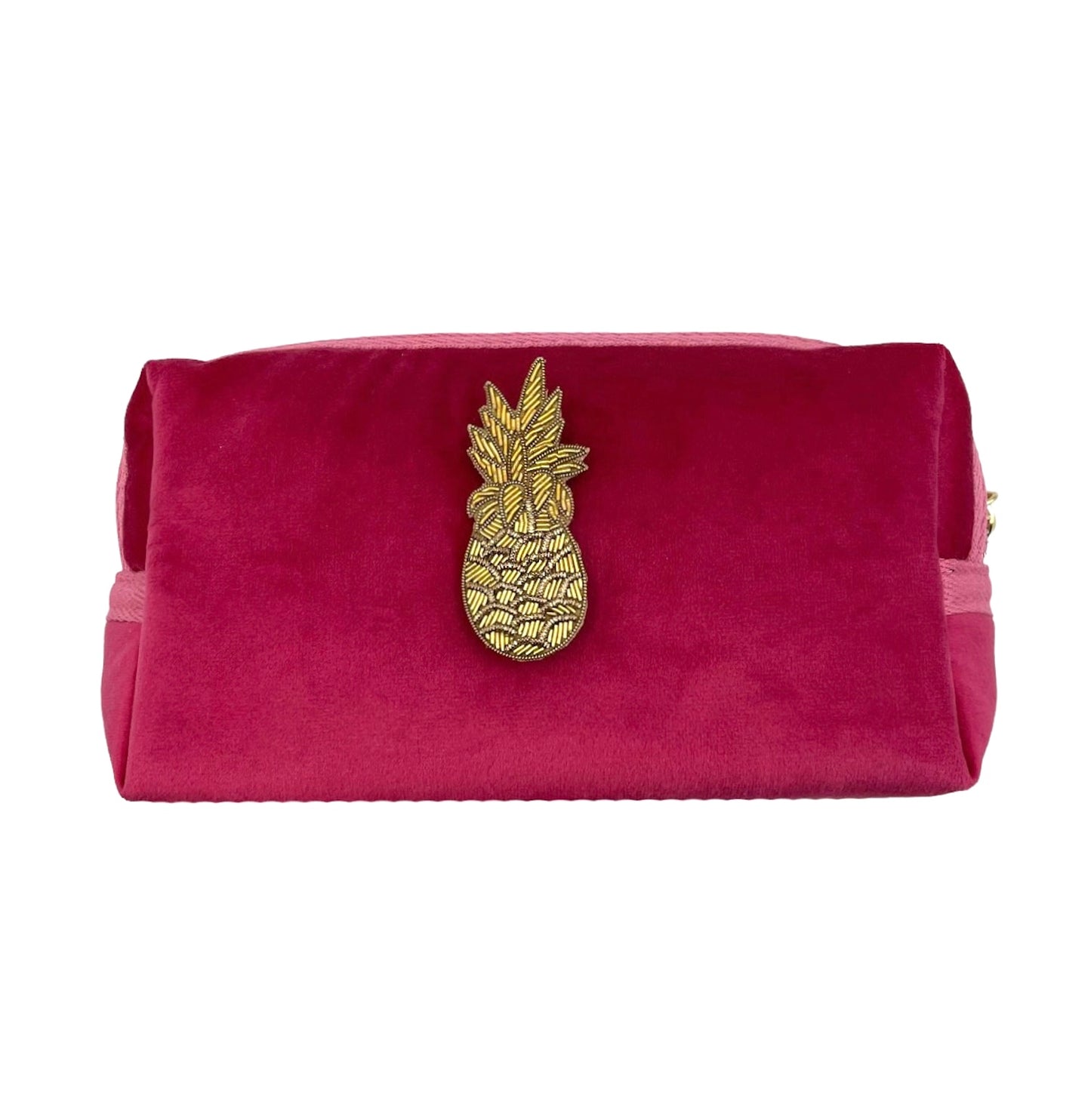 Bright pink make-up bag & pineapple pin - recycled velvet
