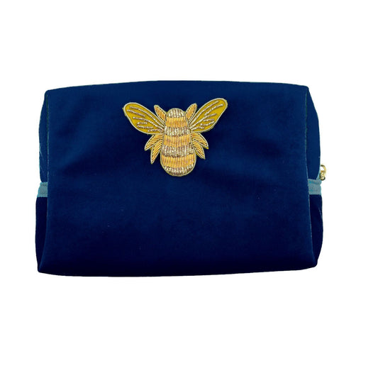 Blue make-up bag & gold bee pin - recycled velvet