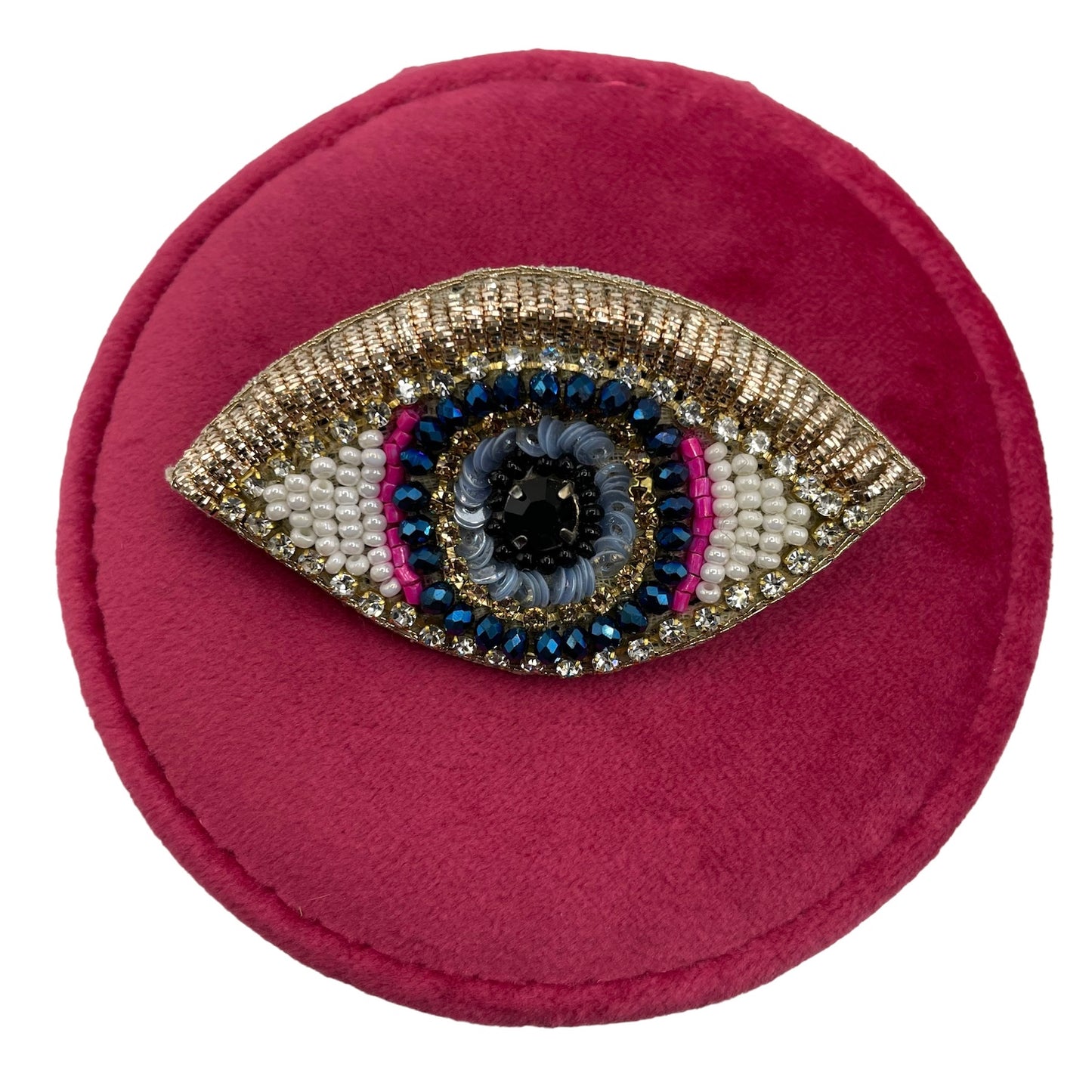 Jewellery travel pot in recycled velvet, bright pink with a golden eye pin